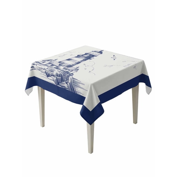 Lighthouse Table Cloth, Waterproof Tablecloth for Square Tables, Ocean Seagull Vintage Navy Blue Coastal Boat Reusable Washable Fabric Table Cover for Restaurant Kitchen Dining Tables 54"x54"