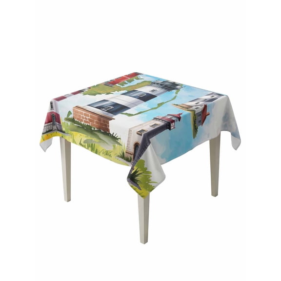 Lighthouse Table Cloth, Waterproof Tablecloth for Square Tables, Red Black Summer Oil Painting Ocean Beach Reusable Washable Fabric Table Cover for Restaurant Kitchen Dining Tables 54"x54"