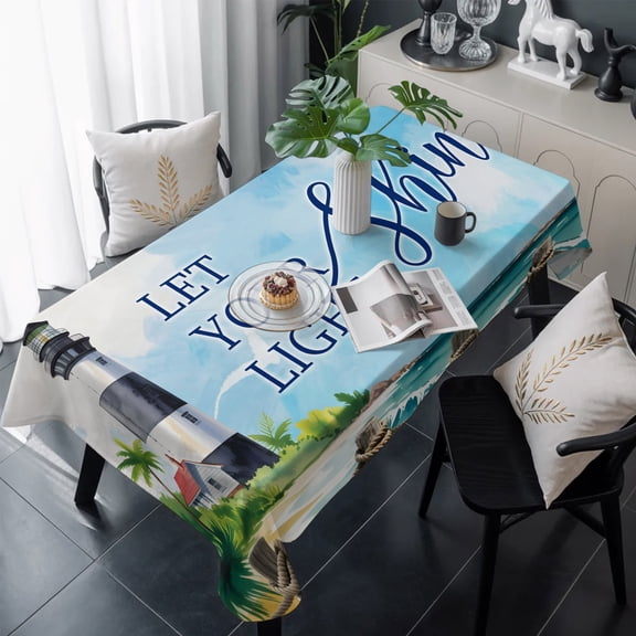 Lighthouse Table Cloth Waterproof Tablecloths, Blue Coastal Nautical Ocean Beach Palm Tree Tablecloth Dining Table Cover for Kitchen Party Tabletop Outdoor, Rectangle Tablecloth 60x120 Inch