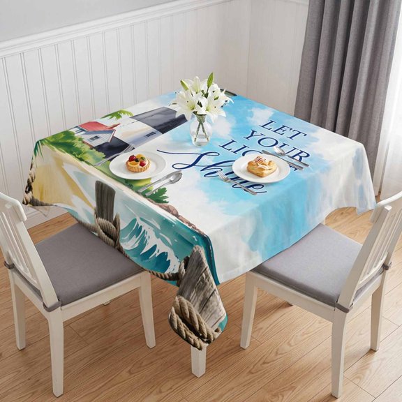 Lighthouse Table Cloth Waterproof Tablecloths, Blue Coastal Nautical Ocean Beach Palm Tree Tablecloth Dining Table Cover for Kitchen Party Tabletop Outdoor, Square Tablecloth 54x54 Inch