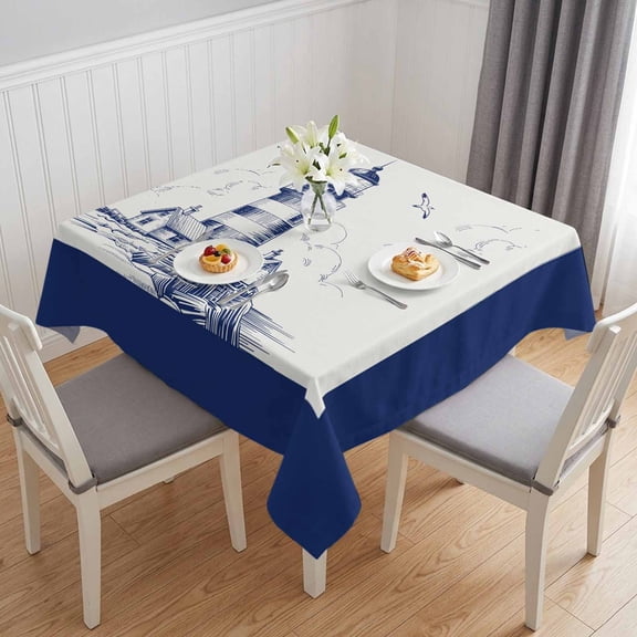 Lighthouse Table Cloth Waterproof Tablecloths, Ocean Seagull Vintage Navy Blue Coastal Boat Tablecloth Dining Table Cover for Kitchen Party Tabletop Outdoor, Square Tablecloth 54x54 Inch