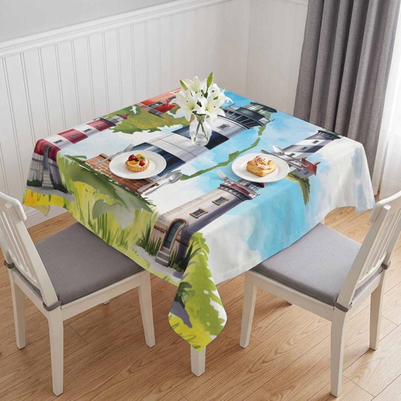 Lighthouse Table Cloth Waterproof Tablecloths, Red Black Summer Oil Painting Ocean Beach Tablecloth Dining Table Cover for Kitchen Party Tabletop Outdoor, Square Tablecloth 54x54 Inch