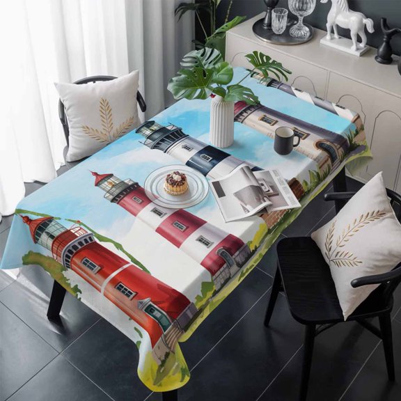 Lighthouse Table Cloth Waterproof Tablecloths, Red Black Summer Oil Painting Ocean Beach Tablecloth Dining Table Cover for Kitchen Party Tabletop Outdoor, Rectangle Tablecloth 60x120 Inch