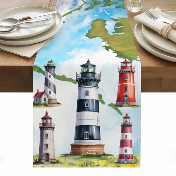 Lighthouse Table Runner - 108 Inch Long, Kitchen Dining Table Runner Dresser Scarves, Red Black Summer Oil Painting Ocean Beach Farmhouse Decor for Coffee Tables Wedding Party Banquet