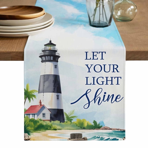 Lighthouse Table Runner, Blue Coastal Nautical Ocean Beach Palm Tree Washable Cotton Linen Table Runners 36 Inches Long, Dresser Scarf Runner for Nightstand/End Tables/Round Tables 13''x36''