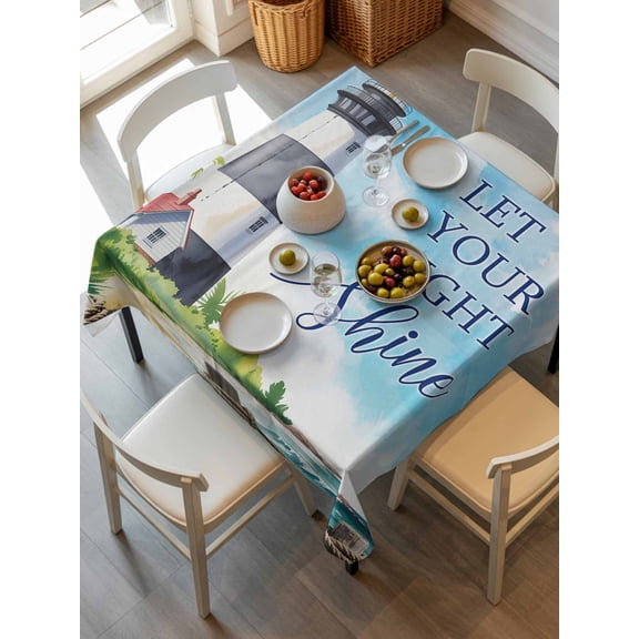Lighthouse Tablecloth Square Table Cloth 54x54, Waterproof Tablecloth Outdoor Table Cloth, Blue Coastal Nautical Ocean Beach Palm Tree Washable Table Cover for Kitchen Dinning Party