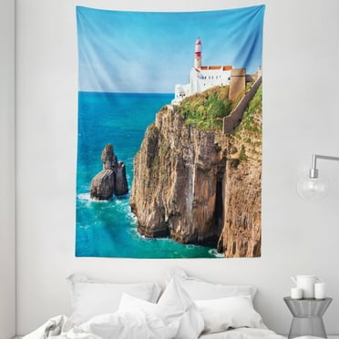Lighthouse Tapestry, Daytime Rocky Lighthouse Shore Seaside Rocks Building Cliff Sunny Day Clear Sky, Wall Hanging for Bedroom Living Room Dorm Decor, 60W X 80L Inches, Multicolor, by Ambesonne