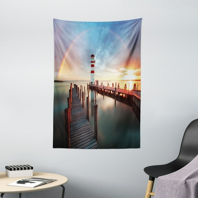Lighthouse Tapestry, Sunset at Seaside Wooden Docks Lighthouse Clouds Rainbow Waterfront Reflection, Wall Hanging for Bedroom Living Room Dorm Decor, 40W X 60L Inches, Multicolor, by Ambesonne