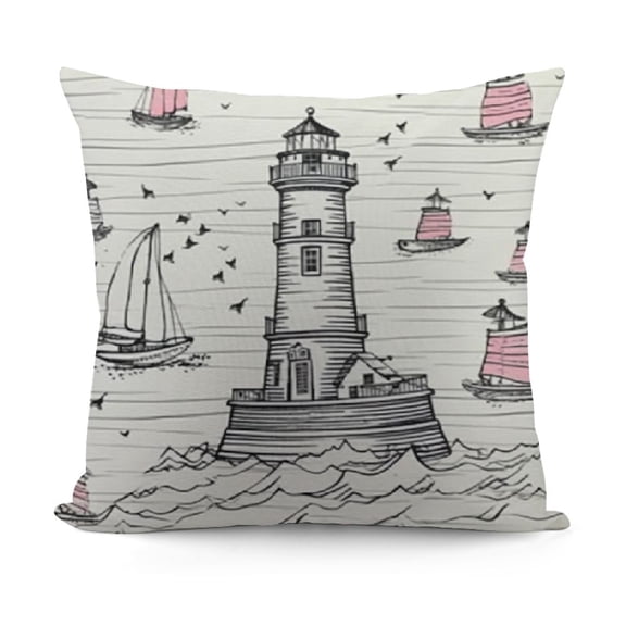 Lighthouse Throw Pillow Cushion Case, Notebook Pattern with Nautical Elements Seagulls and Anchors Doodle Style, Decorative Square Accent Pillow Cover,  Pink Lilac Black