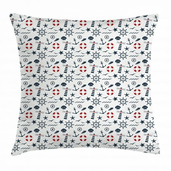 Lighthouse Throw Pillow Cushion Cover, Nautical Anchors Waves Helms and Animal Silhouettes Compass Navigation, Decorative Square Accent Pillow Case, 16 X 16 Inches, Indigo Red White, by Ambesonne