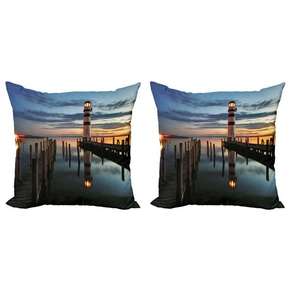 Ambesonne Colorful Throw Pillow Cover 2 Pack, Lighthouse Calm Dusk, 24", Multicolor