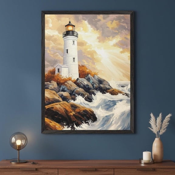 Lighthouse Tower Dramatic Impasto Wall Art Coastal Seascape Decor Nautical Ocean Seaside Beacon Maritime Unframed Paper Poster 8x10in