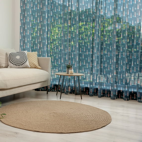 Lighthouse Tulle Curtains with Rod Pocket, Abstract Helms Marine Navigation Towers Cartoon Style Pattern, Sheer Drape for Wedding Party 2 Panels, 7 Sizes, Navy Blue Red White, by Ambesonne