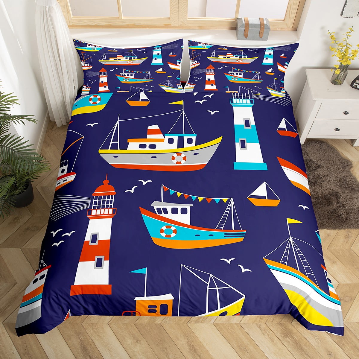 Lighthouse Twin Bedding Set for Boys,Nautical Retro Sailboat Comforter ...