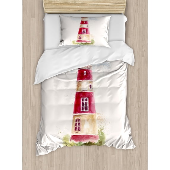 Lighthouse Twin Size Duvet Cover Set, Watercolor Lighthouse Print Pastel Faded Vintage Lettering Windows Grass Clouds, Decorative 2 Piece Bedding Set with 1 Pillow Sham, Multicolor, by Ambesonne