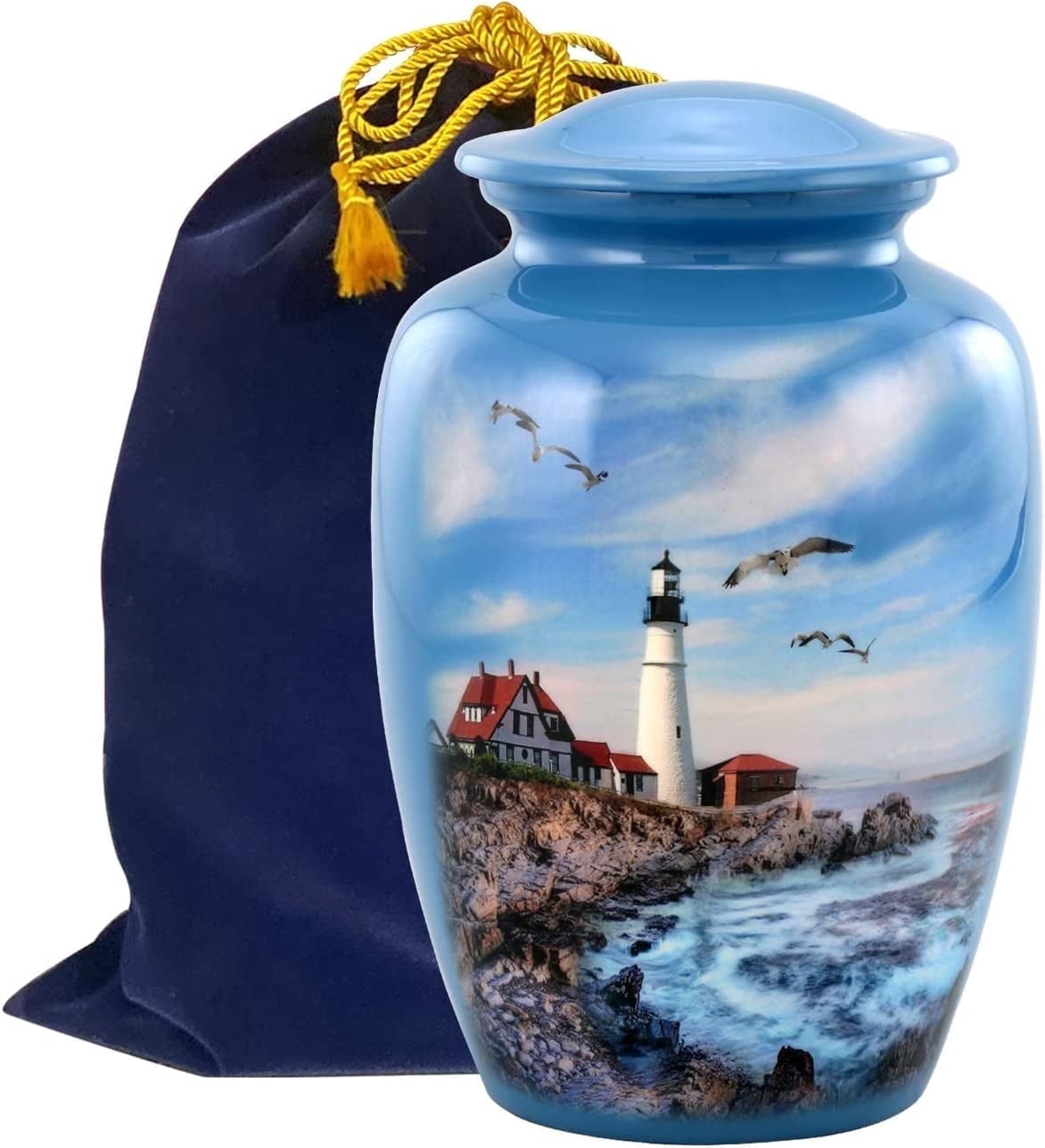 Lighthouse Large Adult Cremation Urn for Ashes, Blue Memorial Urn with Velvet Bag
