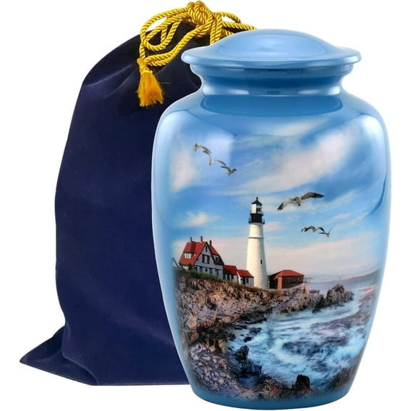 Lighthouse Large Adult Cremation Urn for Ashes, Blue Memorial Urn with Velvet Bag