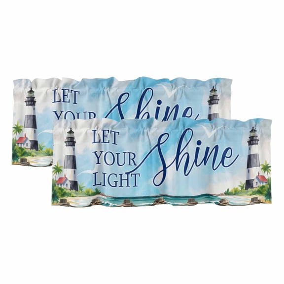 Lighthouse Valances for Windows, Blue Coastal Nautical Ocean Beach Palm Tree Light Filtering Kitchen Curtains, Rod Pocket Window Valance Curtains for Living Room Bedroom, 54" W x 18" L, 2 Panels