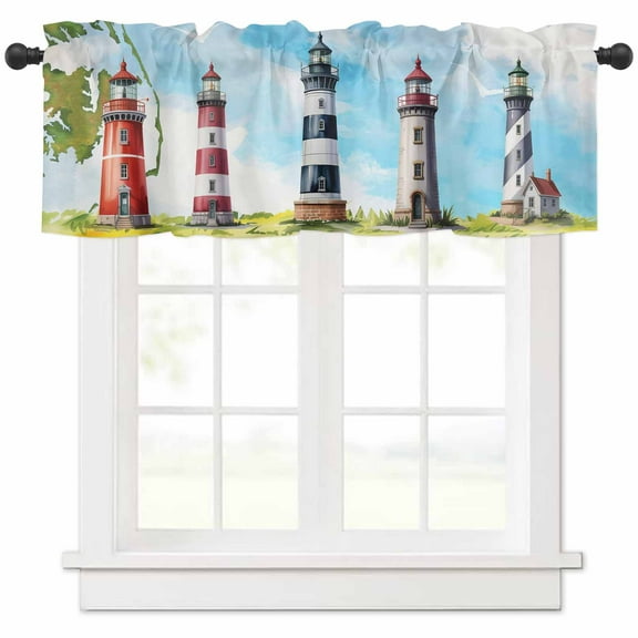 Lighthouse Valances for Windows Farmhouse Kitchen Curtains Valances Rod Pocket Valance Curtains for Kitchen Windows Red Black Summer Oil Painting Ocean Beach Window Valances for Bathroom 42"x18"