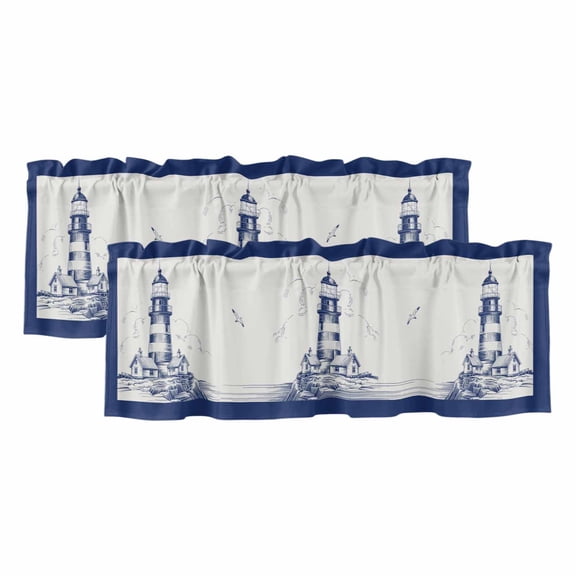 Lighthouse Valances for Windows, Ocean Seagull Vintage Navy Blue Coastal Boat Light Filtering Kitchen Curtains, Rod Pocket Window Valance Curtains for Living Room Bedroom, 60" W x 18" L, 2 Panels