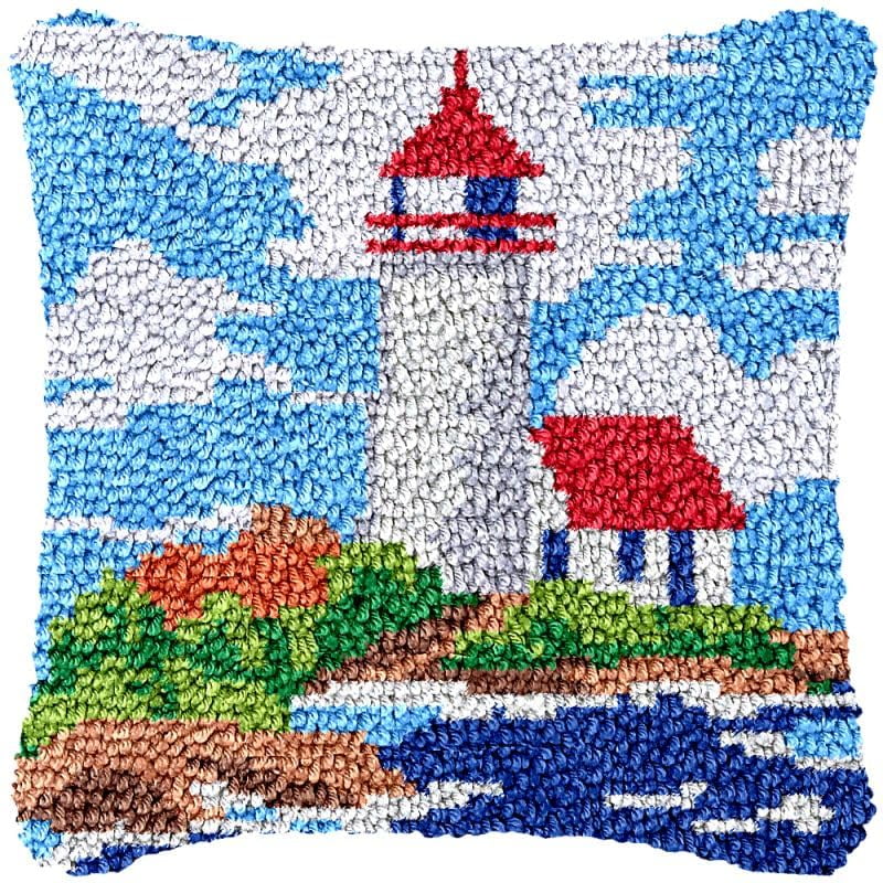 Lighthouse View Latch Hook Pillow Cover Kits for DIY Handmade Throw Pillow Cross Stitch Latch Hook Pillowcase Rug Kits with Preprinted Color Pattern Canvas Crochet Yarn Kits 17''X 17''(ch142)