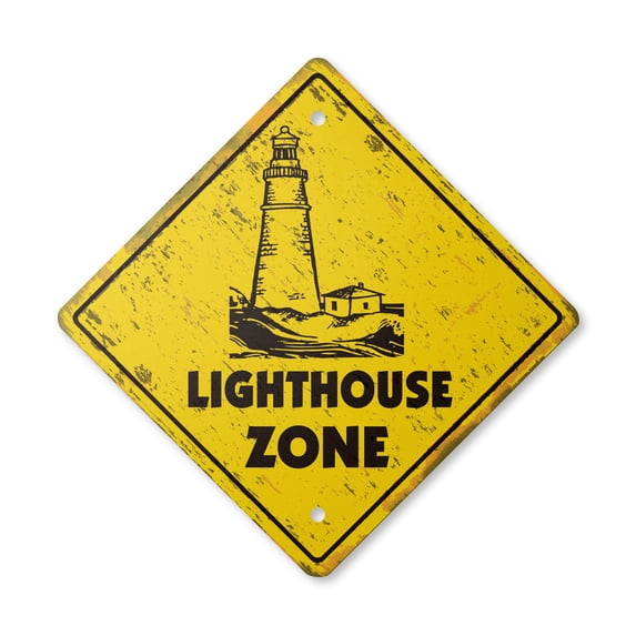 Lighthouse Vintage Crossing Sign Zone Xing | Indoor/Outdoor Plastic | 12" Tall rustic light house beacon red boat
