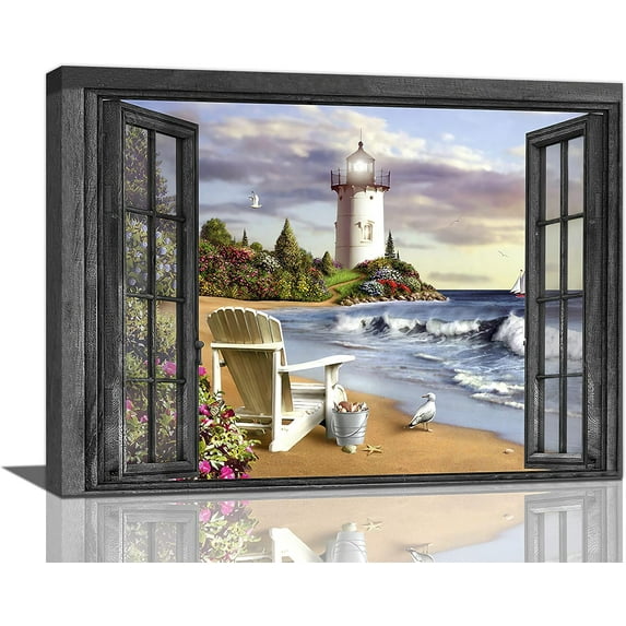 Lighthouse Wall Art Beach Ocean Nautical Window Coastal Pictures Wall Decor Canvas Painting Print Artwork Modern Home Decor Framed for Living room Bedroom Bathroom 16"×12"