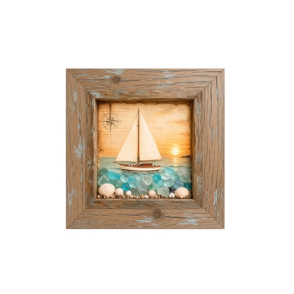 Lighthouse Wall Art, Nautical Wall Decor, 10X10 In, Shadow Box Frame, Beach House Decor, Living Room Decorations, Hanging Wall Display, Weathered Wood, 1 Pc