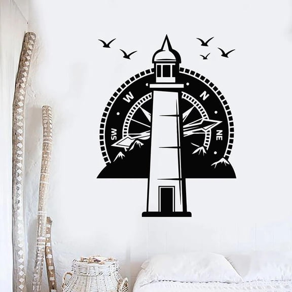 Lighthouse Wall Decal Compass Nautical Beach Style Mountains Birds Vinyl Window Stickers Living Room Home Decor Art Mural 42x54cm
