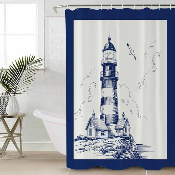 Lighthouse Waterproof Fabric Shower Curtain, Ocean Seagull Vintage Navy Blue Coastal Boat Shower Curtain for Bathroom Curtains Bathtubs Hotel Washable Shower Curtains with 12 Hooks Standard 60x72
