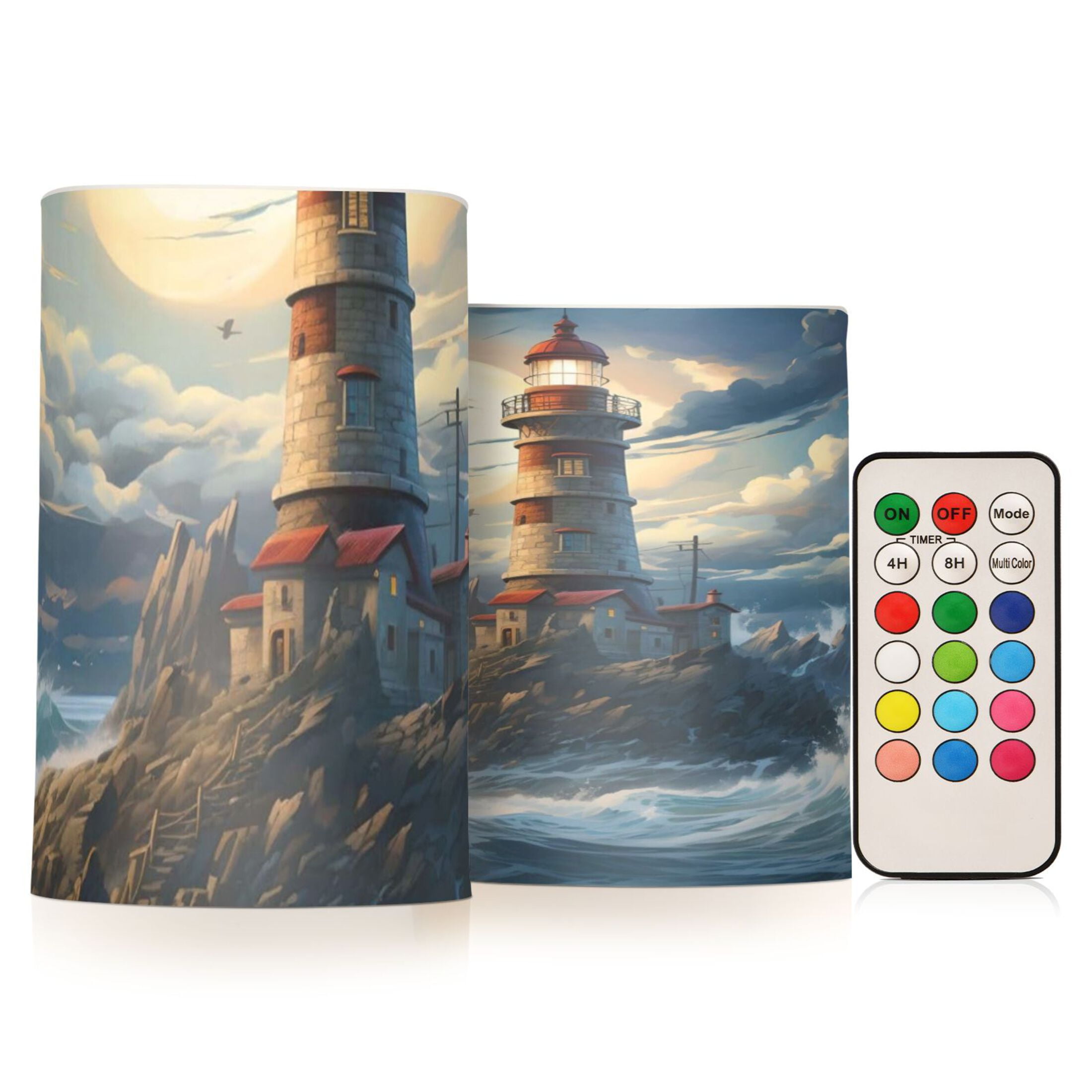 Lighthouse Waves Flickering Flameless Candles Battery Operated with Remote Timer LED Pillar Candles Set of 2