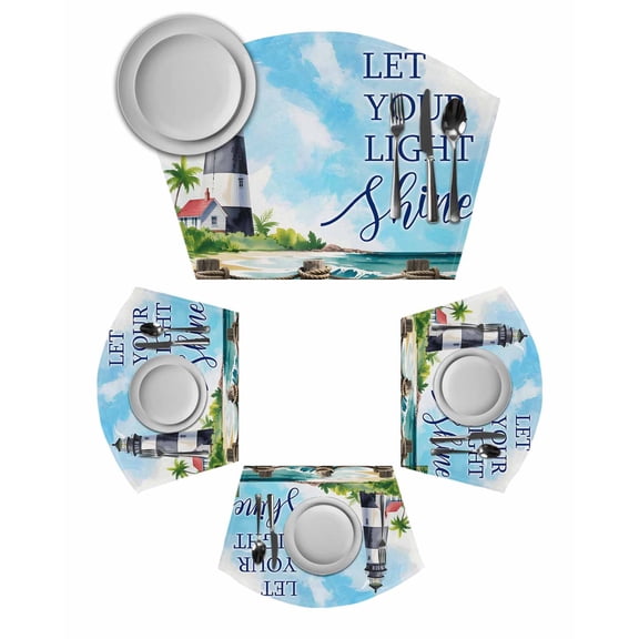 Lighthouse Wedge Shaped Placemats Set of 2, Cotton Linen Fan Place Mats, Blue Coastal Nautical Ocean Beach Palm Tree Washable Table Mats for Holiday Wedding Party Dinning Coffee Tables 11.8"x17.5"