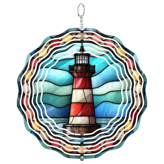 Lighthouse Wind Spinner Metal Outdoor Decor Stained Glass Nautical Vibrant Multicolor