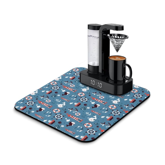 Lighthouse and Anchor Nautical Coffee Mat – Under Coffee Maker Mat with Wave Tide Coastal Design, Heat-Resistant and Leak-Proof Drying Pad