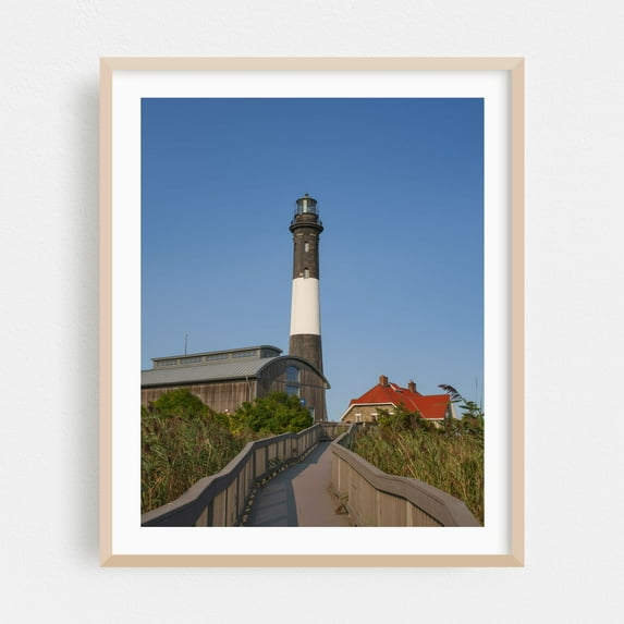 Lighthouse and Boardwalk 01 - Fire Island New York Photography Oak Framed Wall Art Print 16 x 20 inches