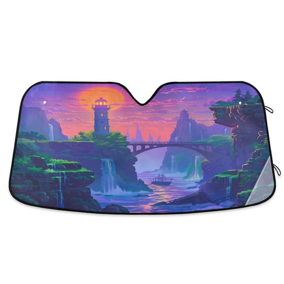Lighthouse and Bridge on Sunset Car Windshield Sun Shade Foldable Car Front Window Visor Heat and UV Protection 53x23.5