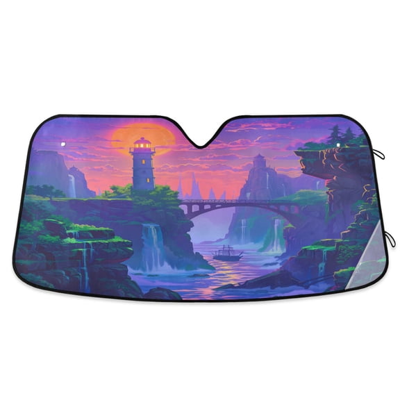 Lighthouse and Bridge on Sunset Car Windshield Sun Shade Foldable Car Front Window Visor Heat and UV Protection 55x27.6