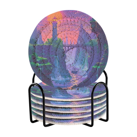 Lighthouse and Bridge on Sunset Coasters with Holder for Coffee Table 6 Pcs Drink Coaster Sets Absorbent for Home Decor 4 inch