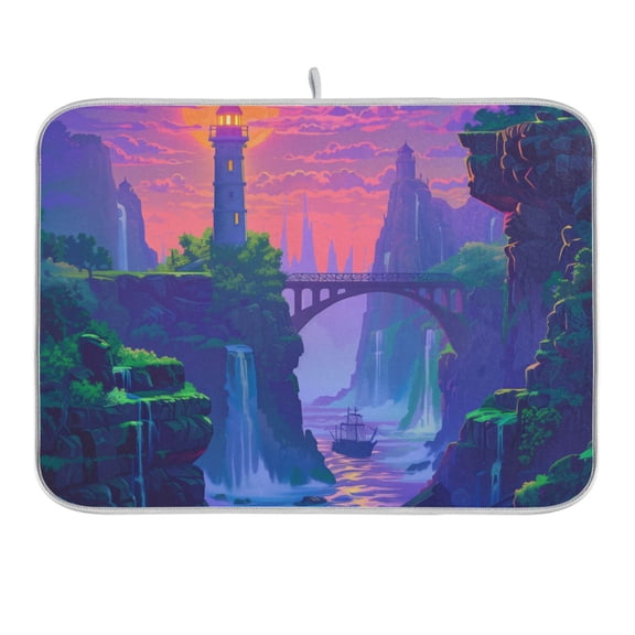 Lighthouse and Bridge on Sunset Dish Drying Mat 16x18 Absorbent Microfiber Draining Rack Pad for Kitchen Counter Sink