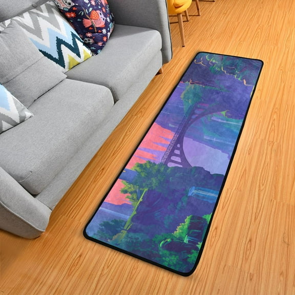 Lighthouse and Bridge on Sunset Hallway Runner Rug 2'X6' Non-Slip Washable Carpet Runner Kitchen Entryway Laundry Bedroom