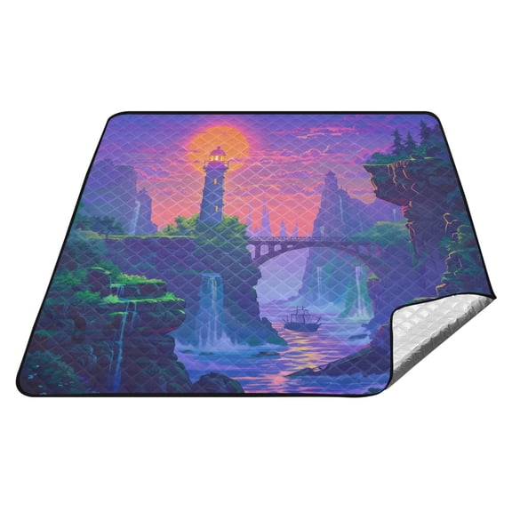 Lighthouse and Bridge on Sunset Picnic Blankets Extra Large 78"x78" Beach Blanket Waterproof Sandproof Outdoor Mat for Camping Travel Park