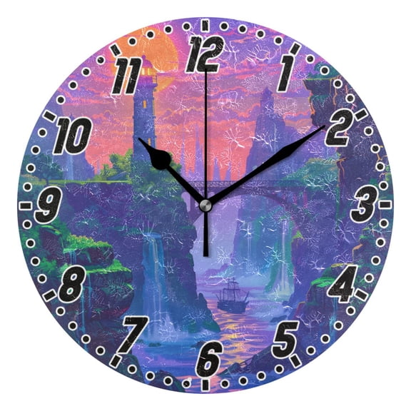 Lighthouse and Bridge on Sunset Round Wall Clock Battery Operated Silent Non-Ticking Bedroom Office Kitchen Home School Decor 10"(Black)