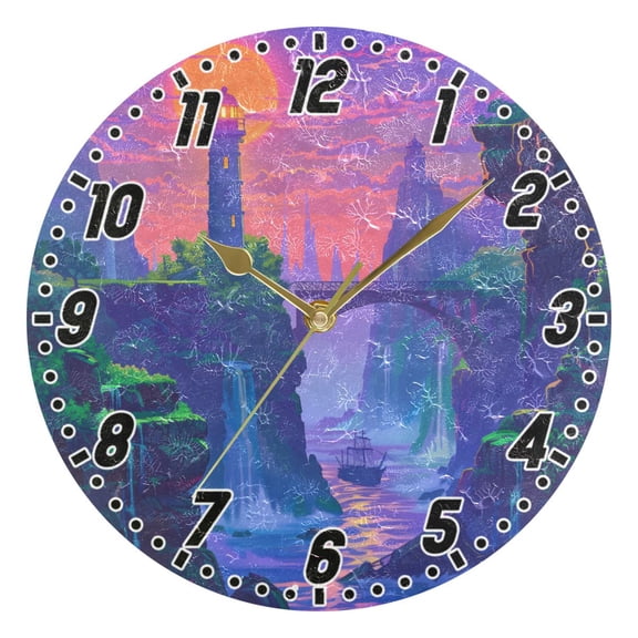 Lighthouse and Bridge on Sunset Round Wall Clock Battery Operated Silent Non-Ticking Bedroom Office Kitchen Home School Decor 10"(Gold)