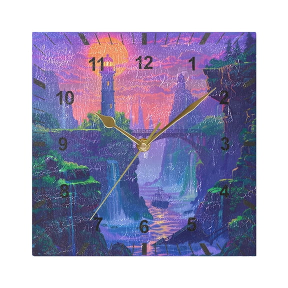Lighthouse and Bridge on Sunset Wall Clock Battery Operated Silent Non-Ticking Bedroom Office Kitchen Home School Decor 7.8"(Gold)