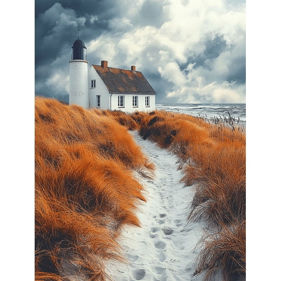 Lighthouse and Cottage Seascape Canvas Print/Wall Art Suitable for Living Room Hallway and Beach House Decor.