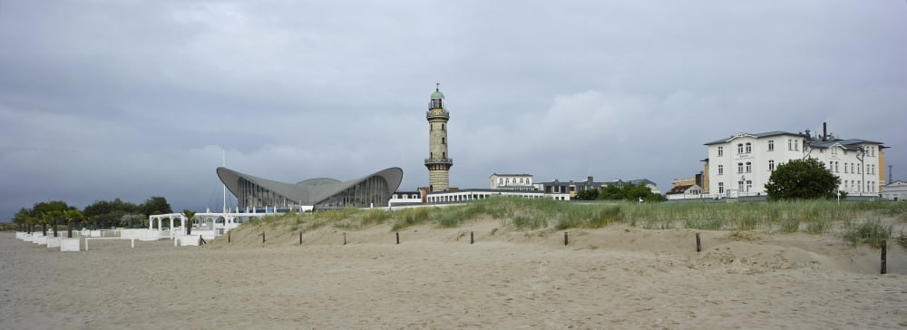 Lighthouse and Hellas Teepott from Warnemunde Beach Warnemunde Rostock Germany Canvas Art - Panoramic Images (27 x 9)