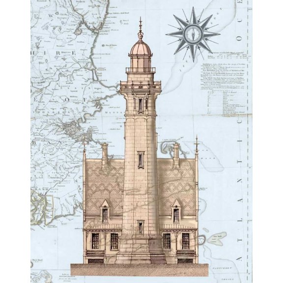 Lighthouse and House on Nautical Map Poster Print - Funky Fab (24 x 36)