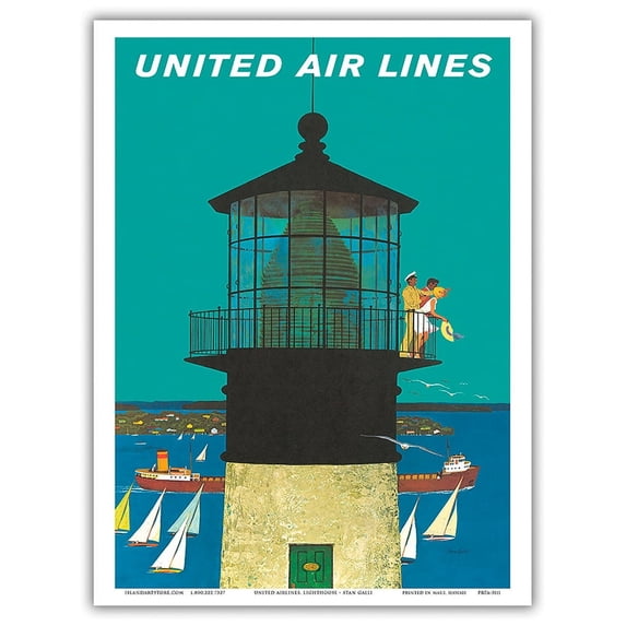 Lighthouse and Sailboats - United Air Lines - Vintage Airline Travel Poster by Stan Galli c.1960s - Master Art Print (Unframed) 9in x 12in
