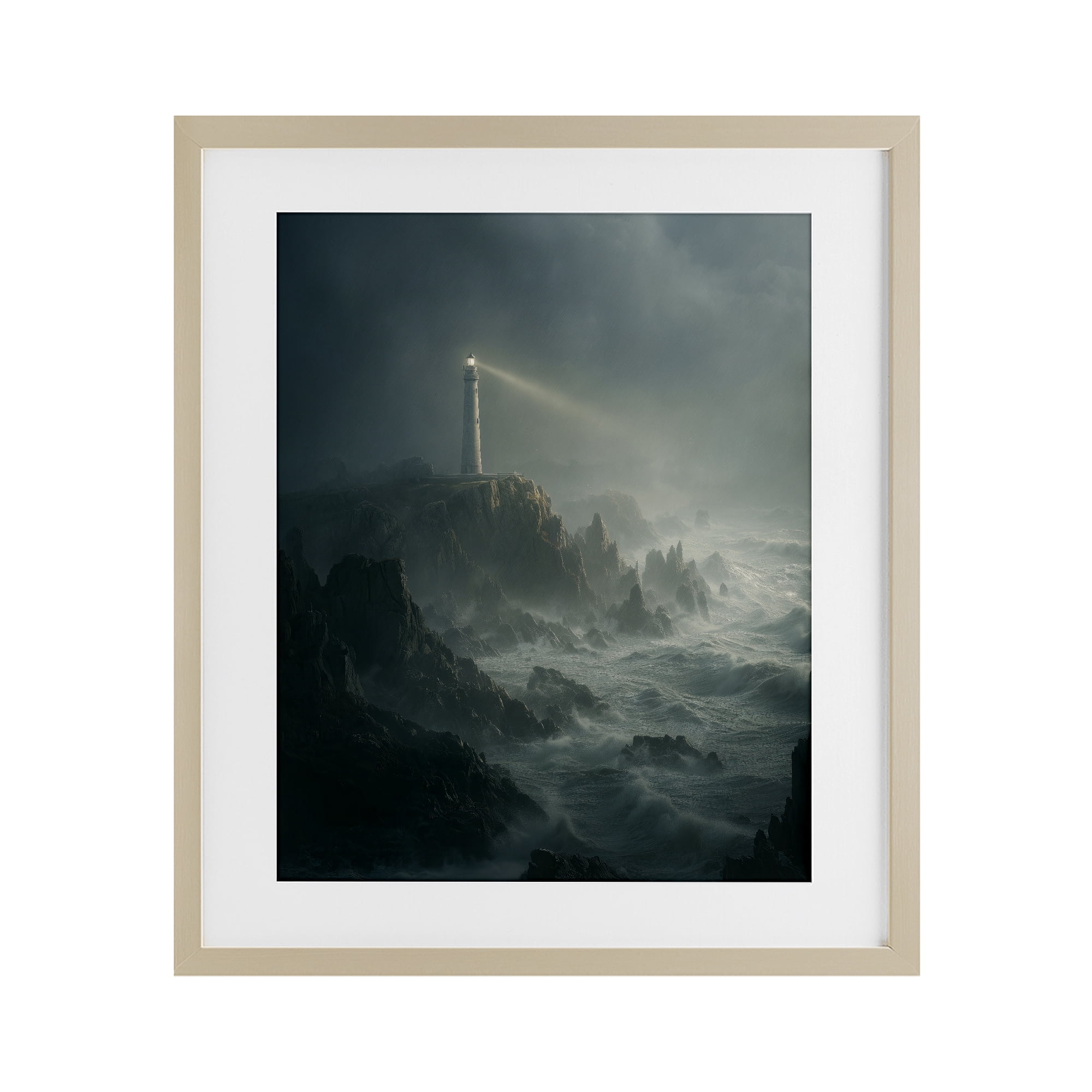 Lighthouse and Stormy Cliff Birch Framed Print Under Glass, design by Ziwei Li