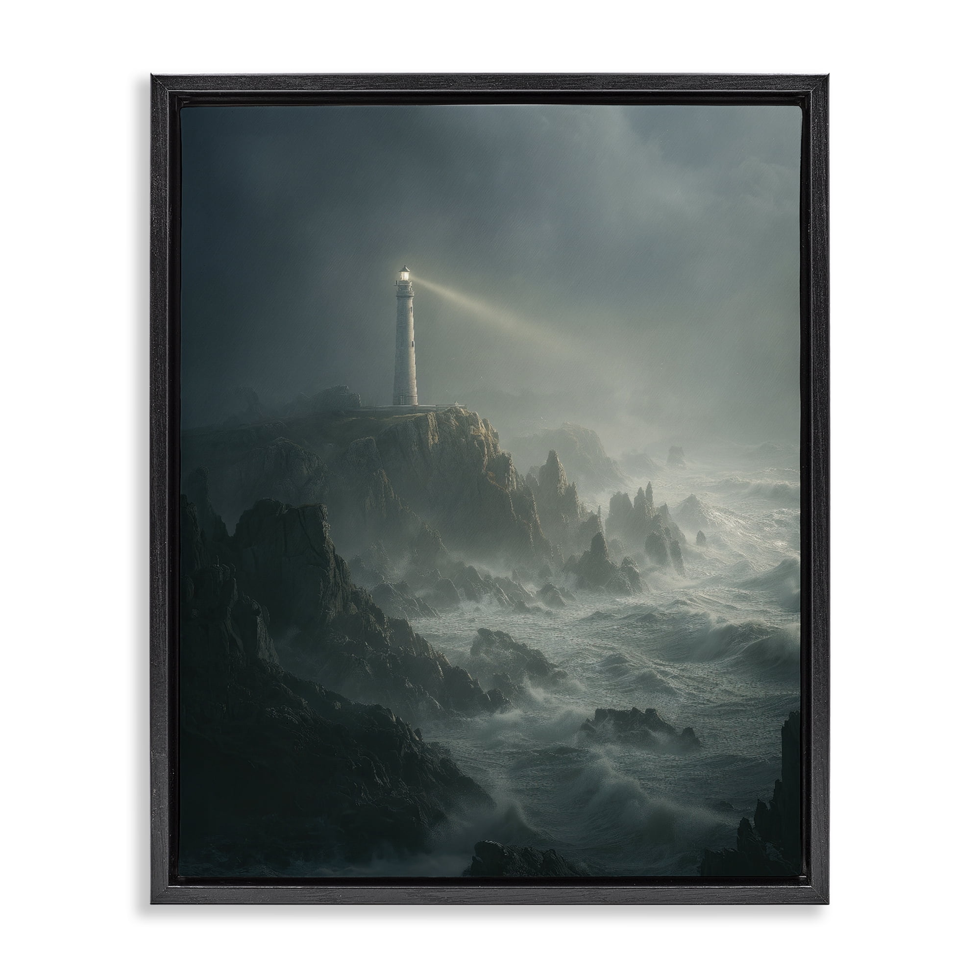 Lighthouse and Stormy Cliff Black Framed Floater Canvas Wall Art, design by Ziwei Li